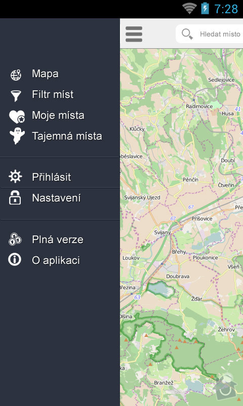 Mobilní aplikace pro server  : menu v levo